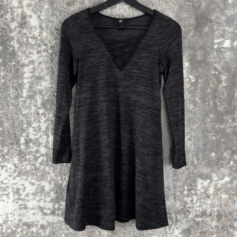 IZ Byer Size XS V Neck Mini Tunic Shirt Dress Black Long Sleeve Pullover Stretch